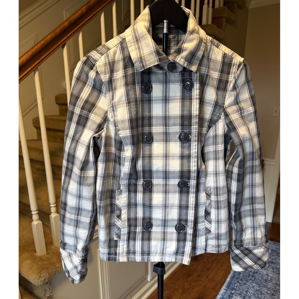 Aeropostale Womens Grey Plaid Double Breasted Pea Coat Jacket Size M